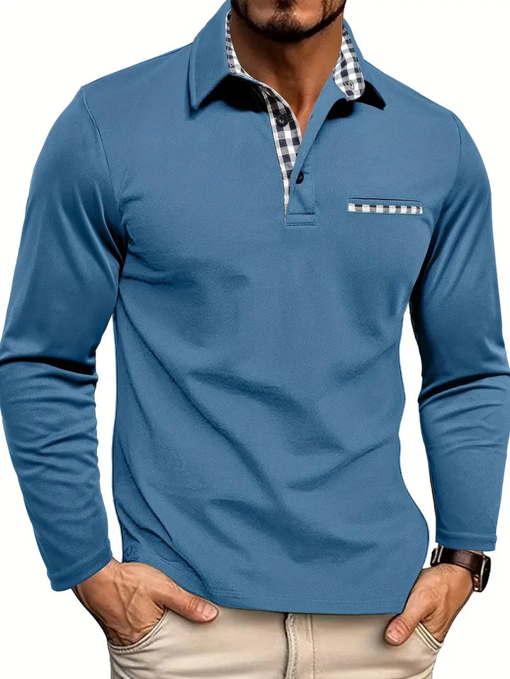 "Polo d'été homme, manches longues, couleur neutre, tissu léger, coupe élégante, idéal pour style chic et décontracté."