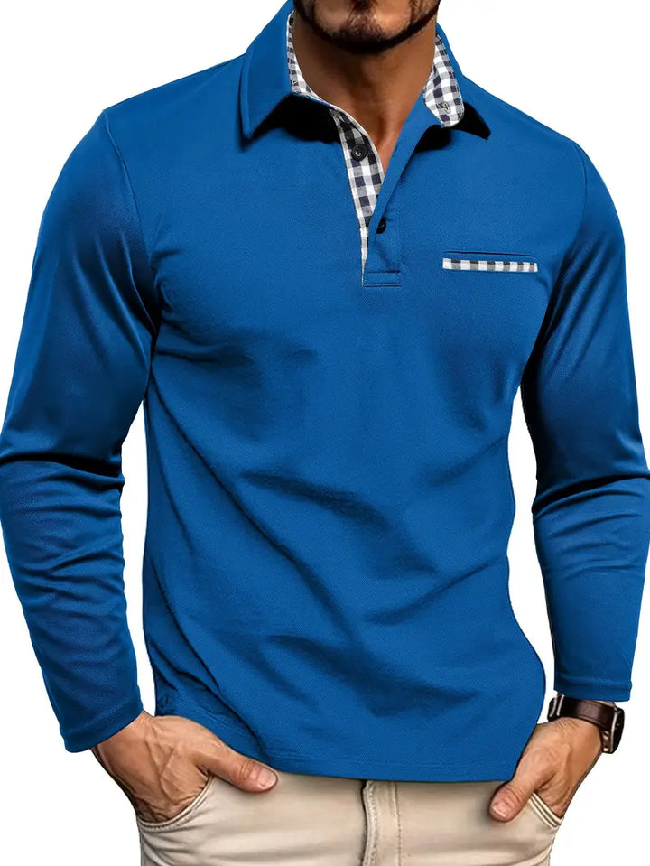 "Polo d'été homme, manches longues, couleur neutre, tissu léger, coupe élégante, idéal pour style chic et décontracté."