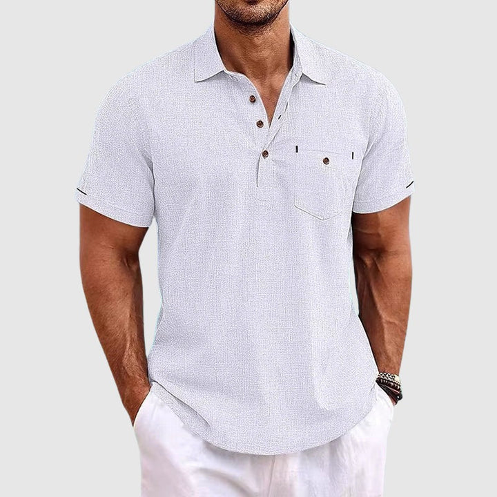 "Polo en lin pour homme, léger, élégant, texture douce, idéal pour l'été et occasions décontractées, image produit."