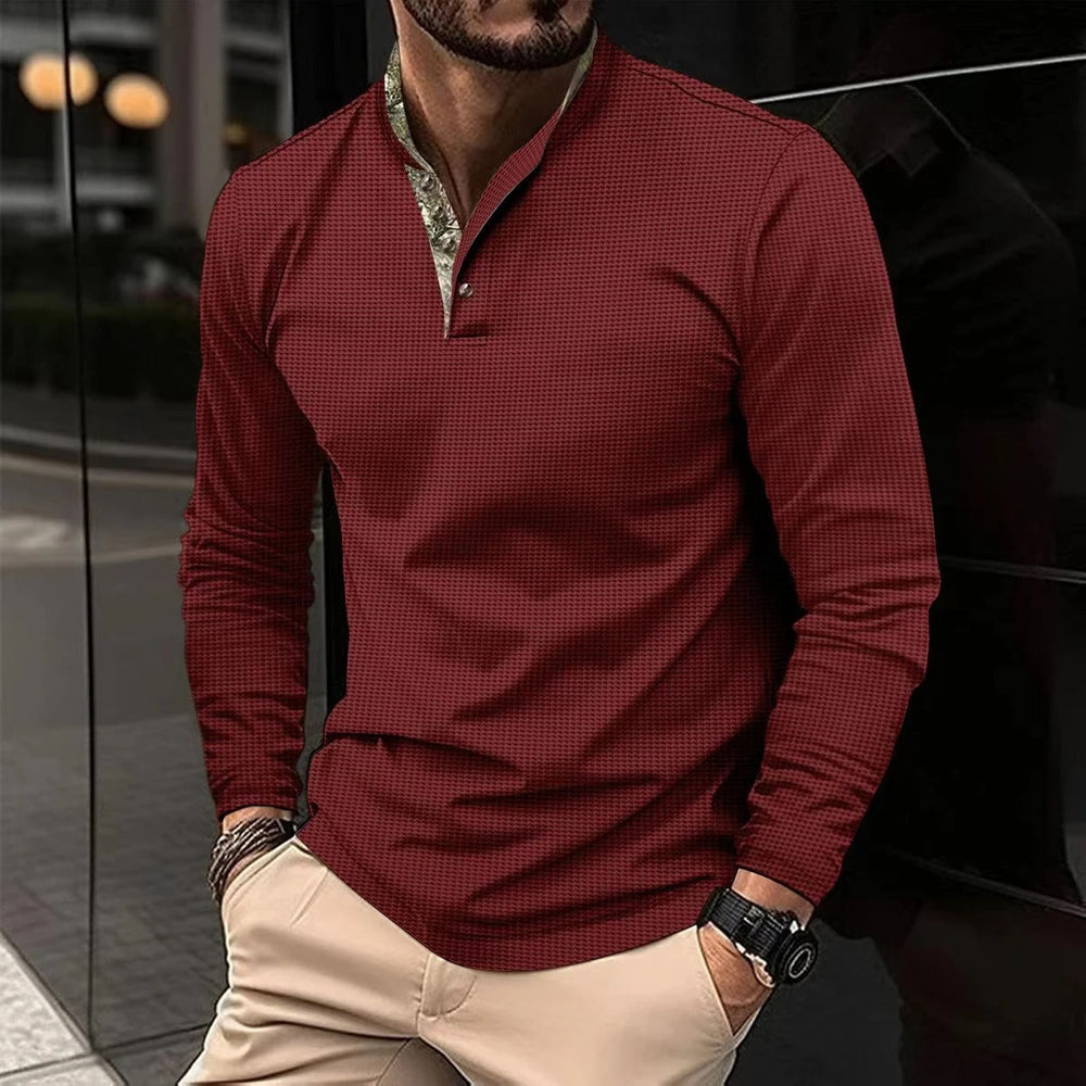 Polo homme Latif manches longues gris, col Henley 3 boutons, style chic décontracté pour mode masculine.