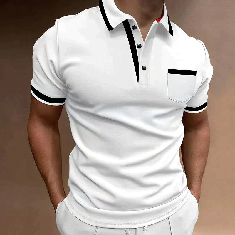 Polo homme ajusté, détails contrastés, coupe moderne.  Tissu confortable.