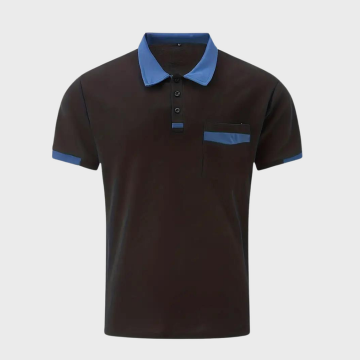 "Polo homme élégant noir, coupe classique, tissu doux. Style polyvalent, disponible en plusieurs couleurs raffinées."