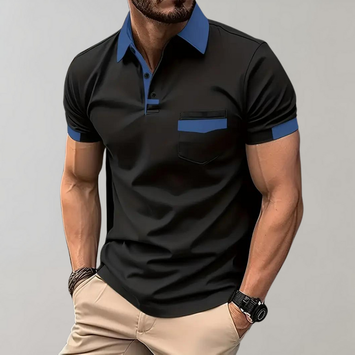 "Polo homme élégant noir, coupe classique, tissu doux. Style polyvalent, disponible en plusieurs couleurs raffinées."