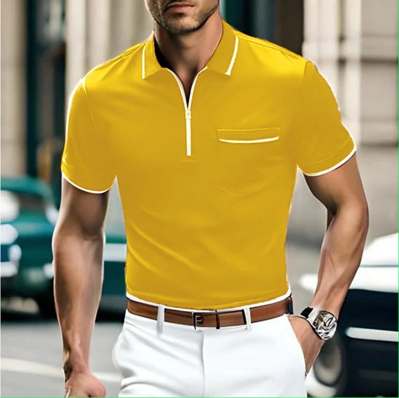 Polo homme élégant bleu marine avec fermeture éclair moderne, idéal pour un look chic décontracté printemps-été.
