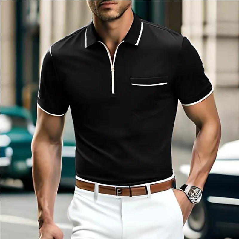 Polo homme zippé, vêtement tendance polyvalent pour un look élégant ou décontracté, collection printemps-été.