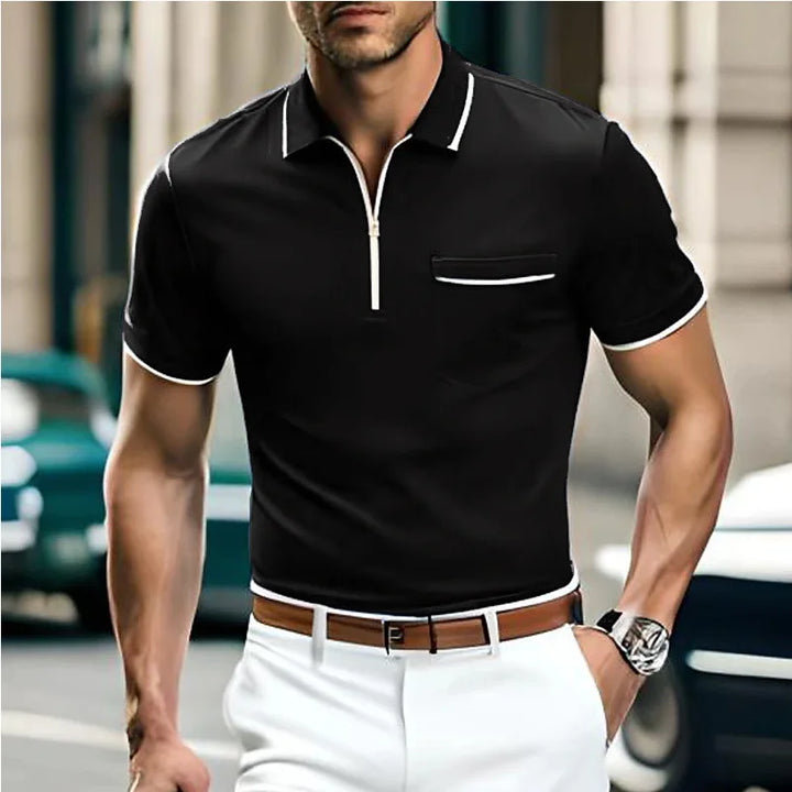 Polo homme zippé, vêtement tendance polyvalent pour un look élégant ou décontracté, collection printemps-été.