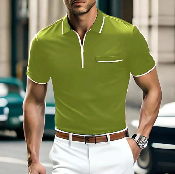 Polo homme chic avec col et fermeture éclair, vêtement mode décontracté parfait pour la saison printemps-été.