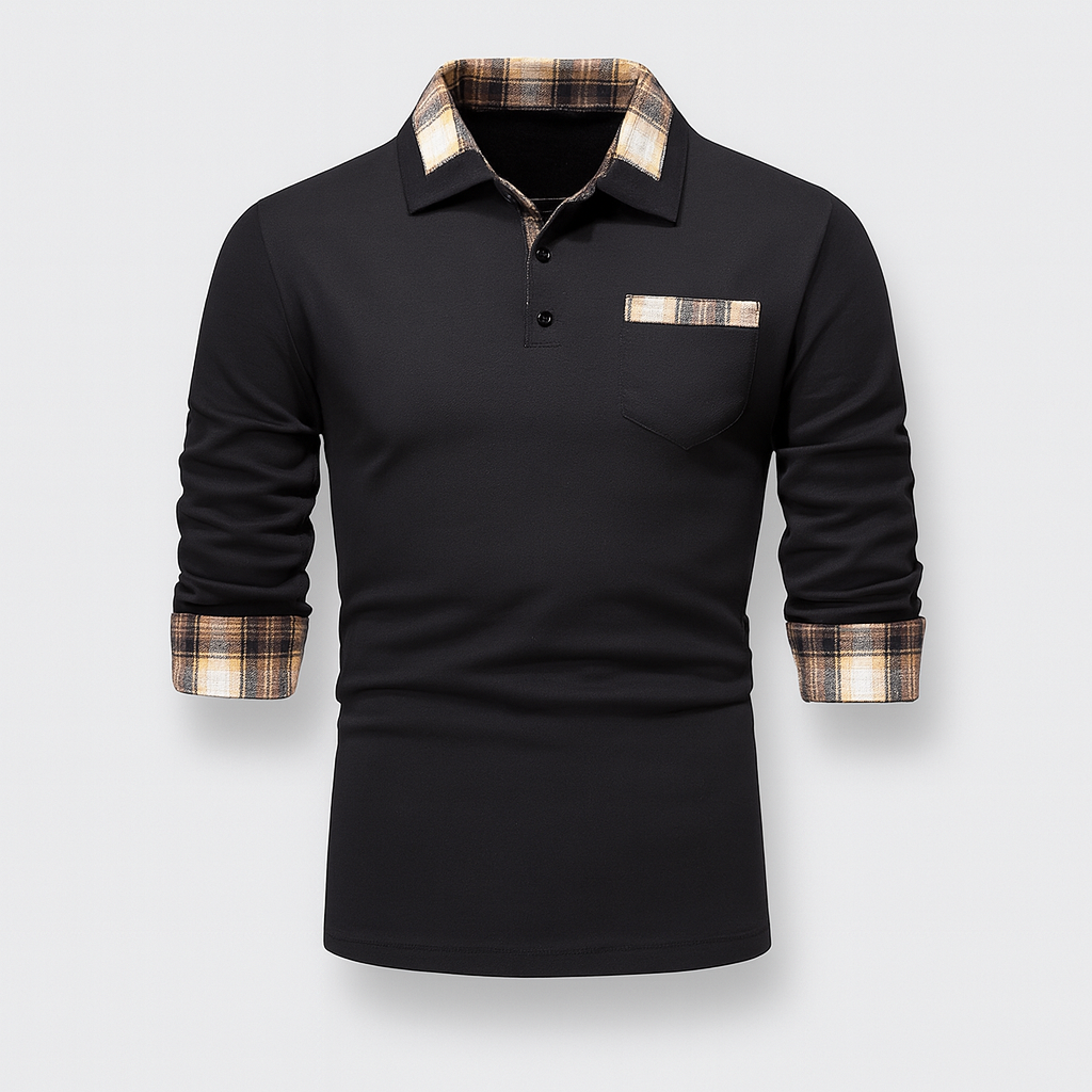 Polo homme élégant à manches longues, col et patte de boutonnage patchwork. Style casual chic, vêtement homme.