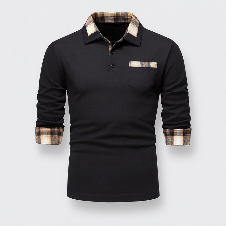 Polo homme élégant à manches longues, col et patte de boutonnage patchwork. Style casual chic, vêtement homme.