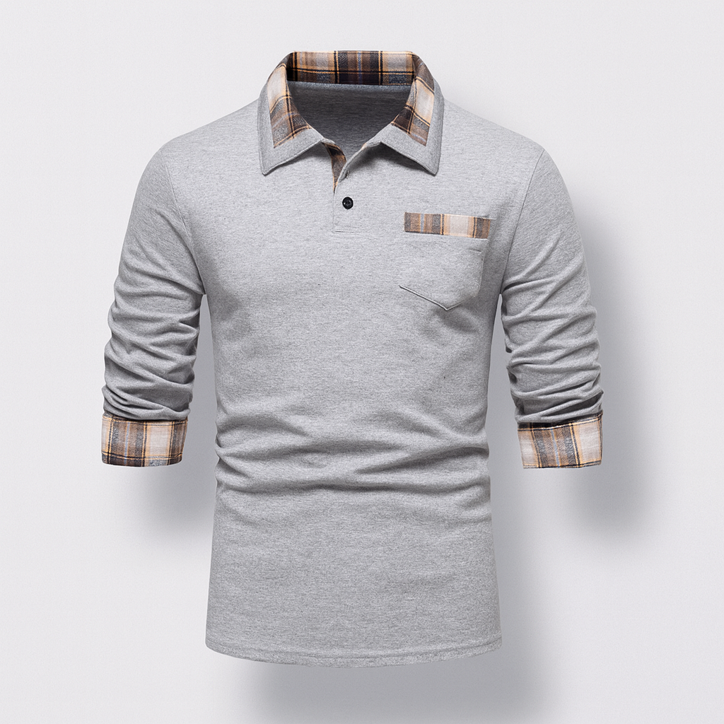 Polo hommes moderne à col patchwork contrastant, manches longues. Idéal pour un look élégant et décontracté.