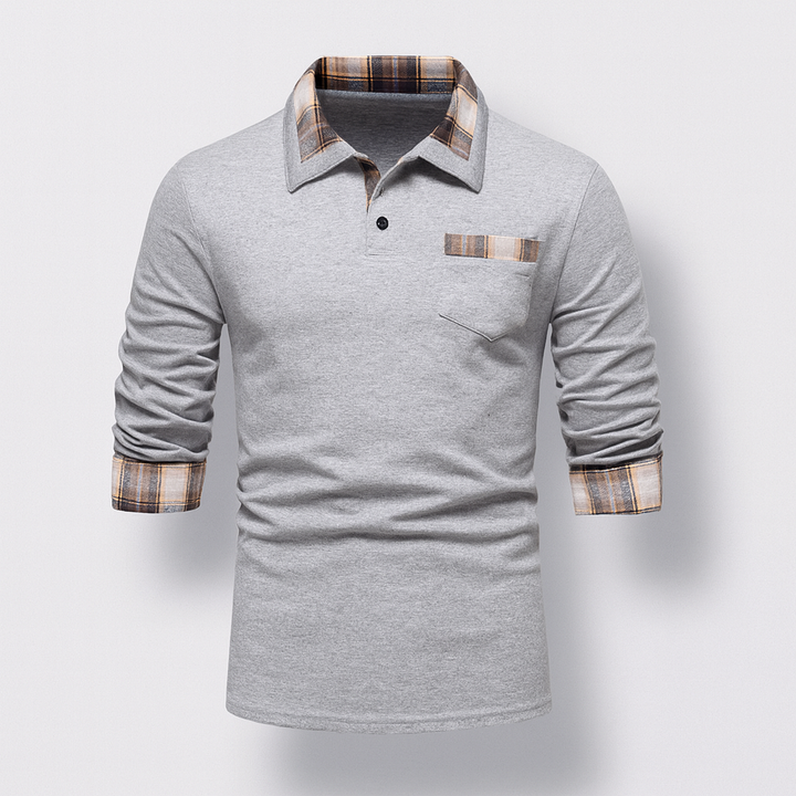 Polo hommes moderne à col patchwork contrastant, manches longues. Idéal pour un look élégant et décontracté.