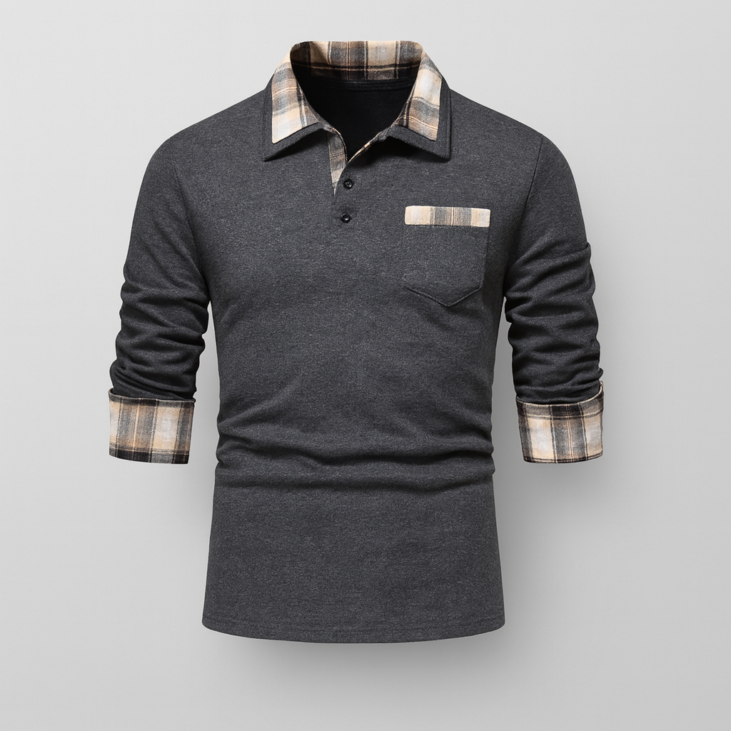 Vêtement homme : Polo à manches longues, col patchwork, coupe confortable. Parfait pour un style casual ou élégant.
