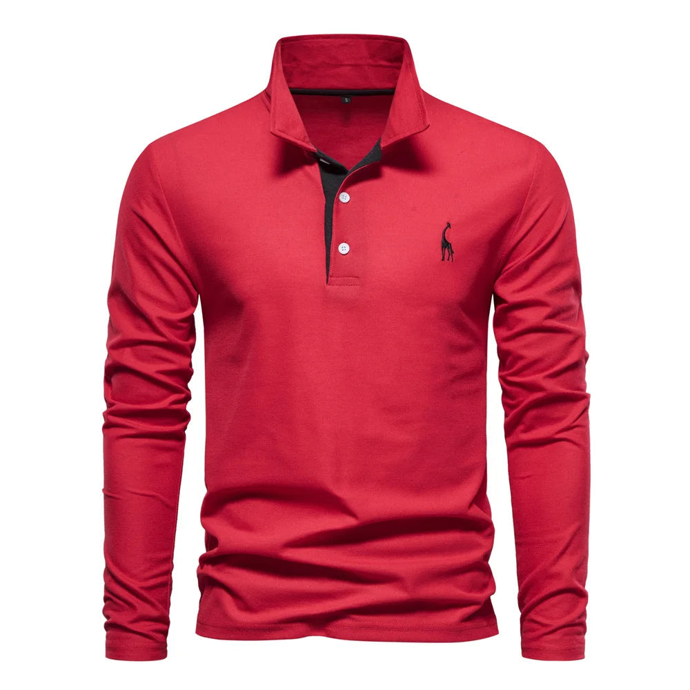 "Polo homme manches longues bleu, broderie cerf élégante, style raffiné, tissu doux et confortable pour toutes occasions"