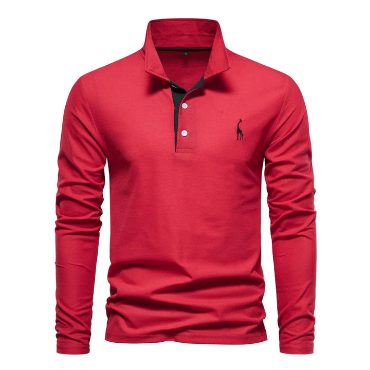 "Polo homme manches longues bleu, broderie cerf élégante, style raffiné, tissu doux et confortable pour toutes occasions"