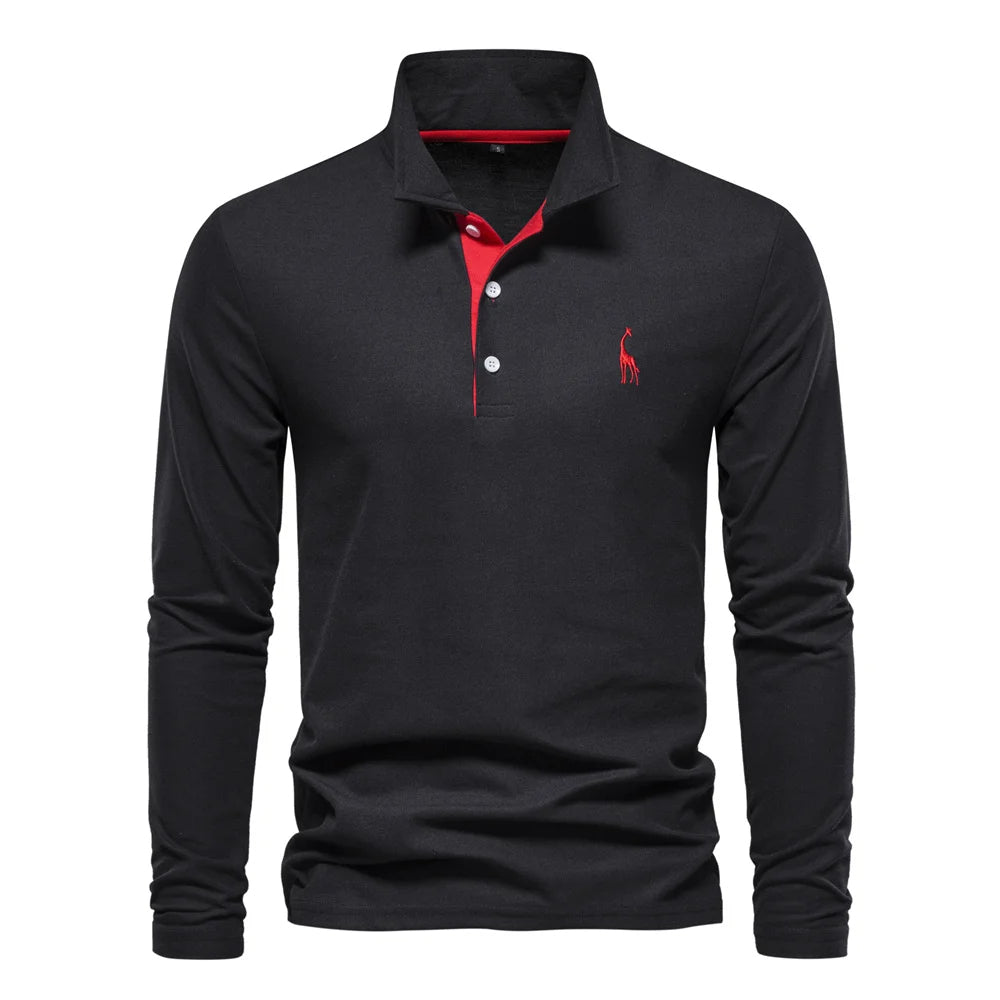 "Polo homme manches longues bleu, broderie cerf élégante, style raffiné, tissu doux et confortable pour toutes occasions"