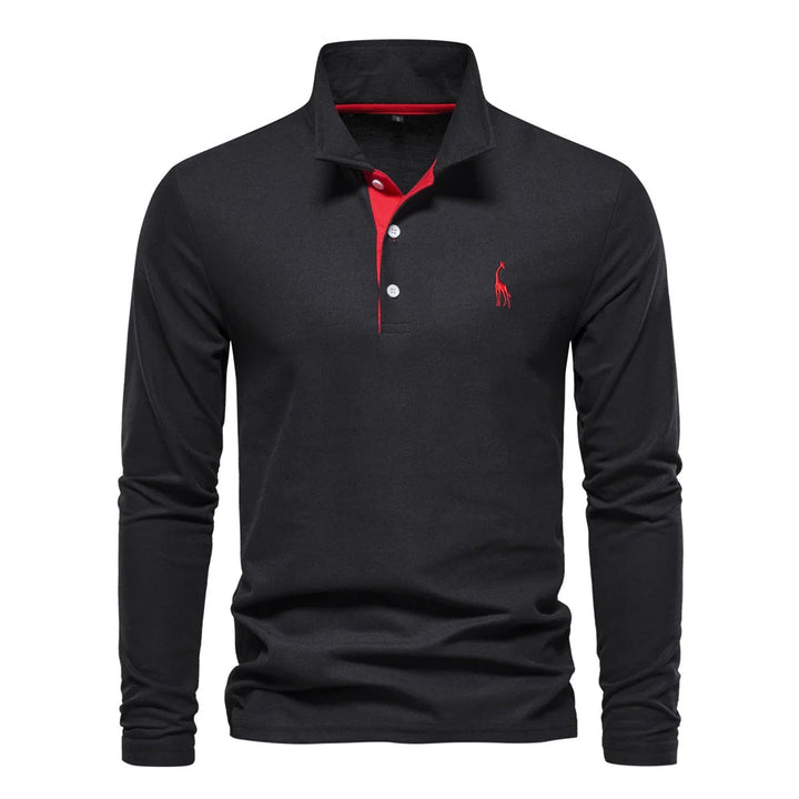 "Polo homme manches longues bleu, broderie cerf élégante, style raffiné, tissu doux et confortable pour toutes occasions"
