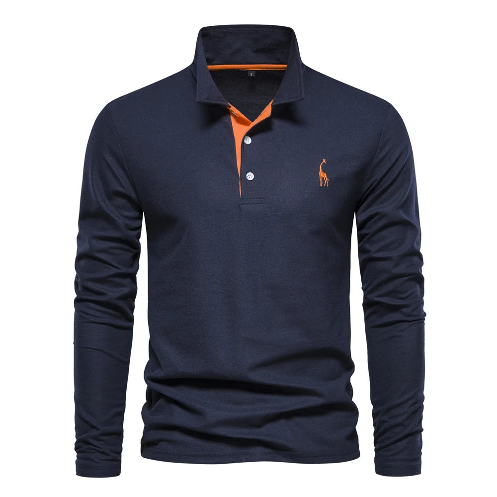"Polo homme manches longues bleu, broderie cerf élégante, style raffiné, tissu doux et confortable pour toutes occasions"