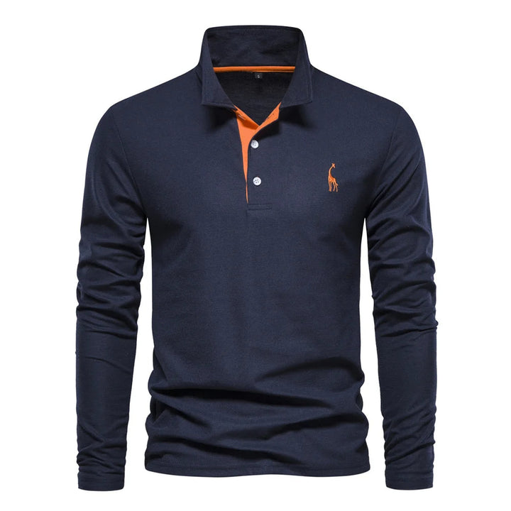"Polo homme manches longues bleu, broderie cerf élégante, style raffiné, tissu doux et confortable pour toutes occasions"