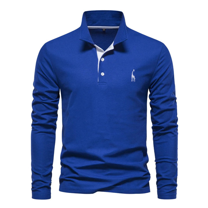 "Polo homme manches longues bleu, broderie cerf élégante, style raffiné, tissu doux et confortable pour toutes occasions"