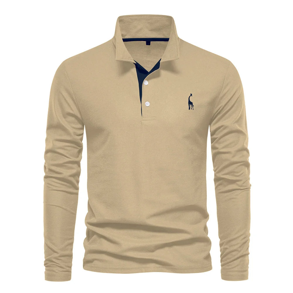 "Polo homme manches longues bleu, broderie cerf élégante, style raffiné, tissu doux et confortable pour toutes occasions"