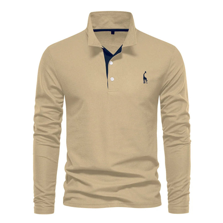 "Polo homme manches longues bleu, broderie cerf élégante, style raffiné, tissu doux et confortable pour toutes occasions"