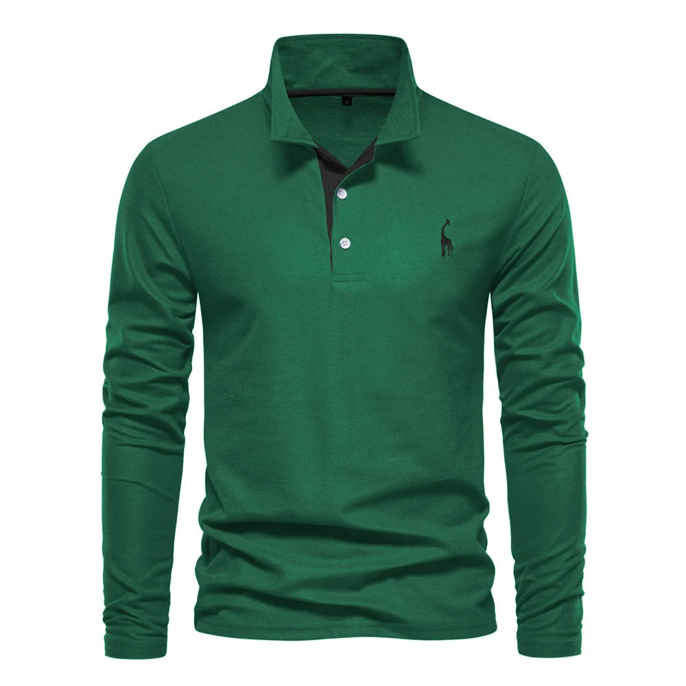 "Polo homme manches longues bleu, broderie cerf élégante, style raffiné, tissu doux et confortable pour toutes occasions"
