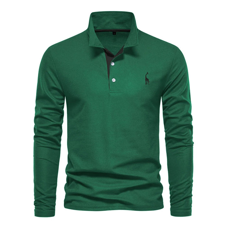 "Polo homme manches longues bleu, broderie cerf élégante, style raffiné, tissu doux et confortable pour toutes occasions"