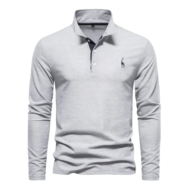 "Polo homme manches longues bleu, broderie cerf élégante, style raffiné, tissu doux et confortable pour toutes occasions"