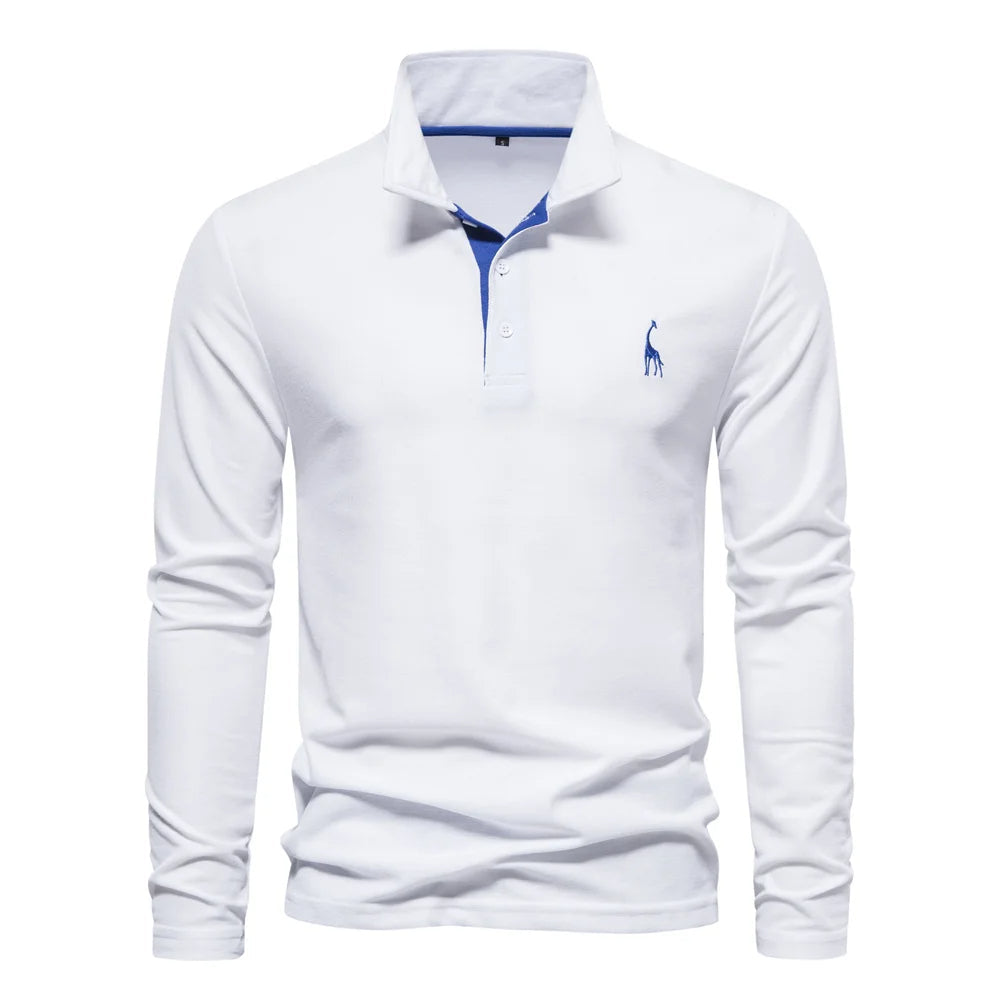 "Polo homme manches longues bleu, broderie cerf élégante, style raffiné, tissu doux et confortable pour toutes occasions"