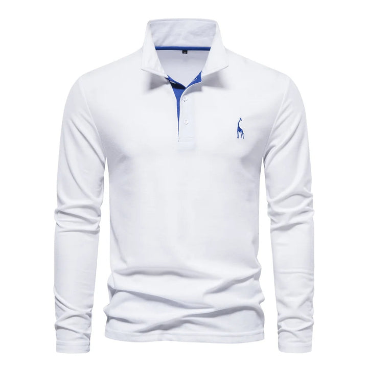 "Polo homme manches longues bleu, broderie cerf élégante, style raffiné, tissu doux et confortable pour toutes occasions"