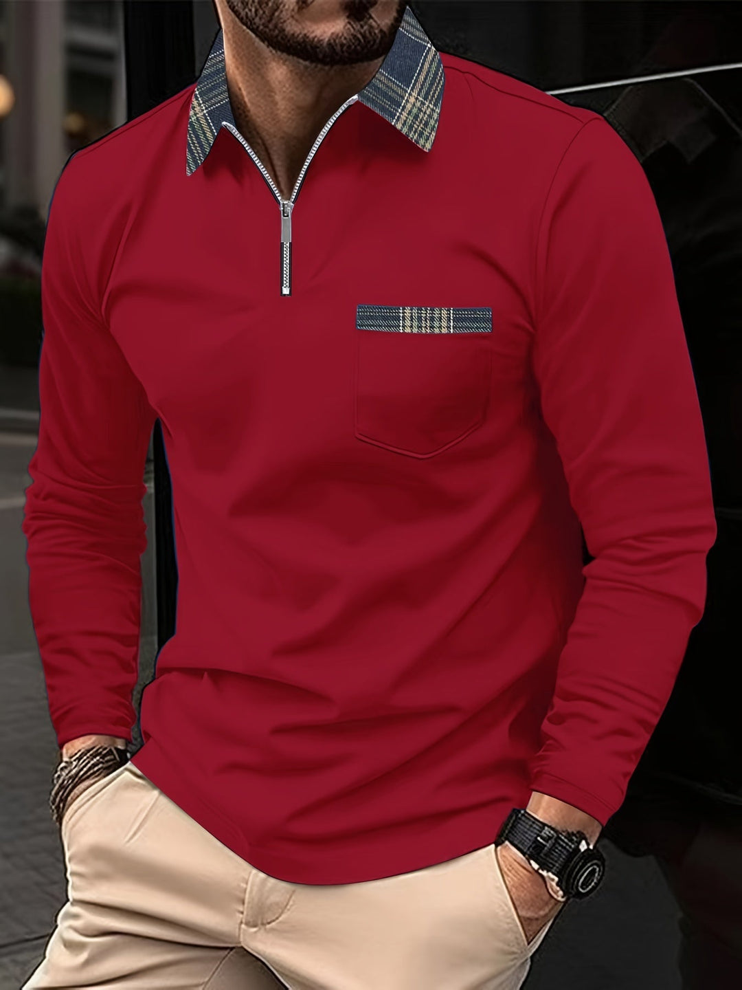 Polo homme manches longues, col zippé, carreaux élégants.  Style casual chic.