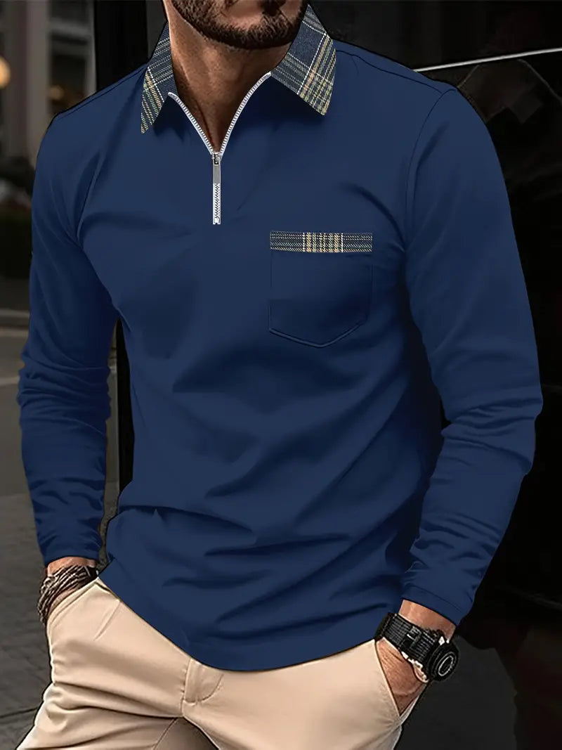 Polo homme manches longues, col zippé, carreaux élégants.  Style casual chic.