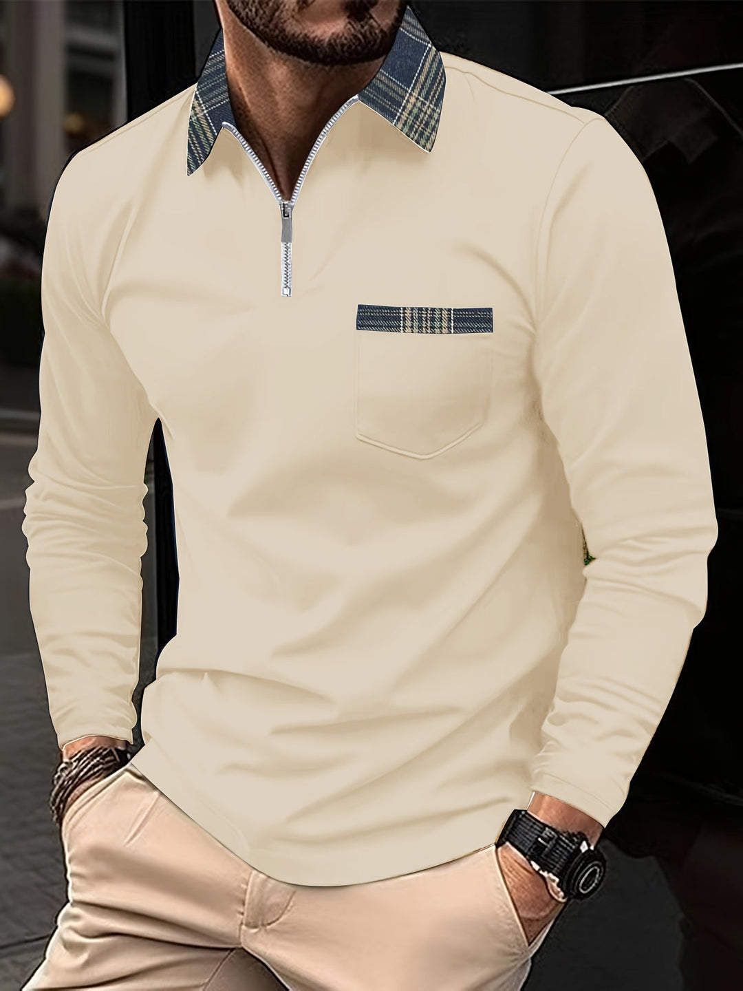Polo homme manches longues, col zippé, carreaux élégants.  Style casual chic.