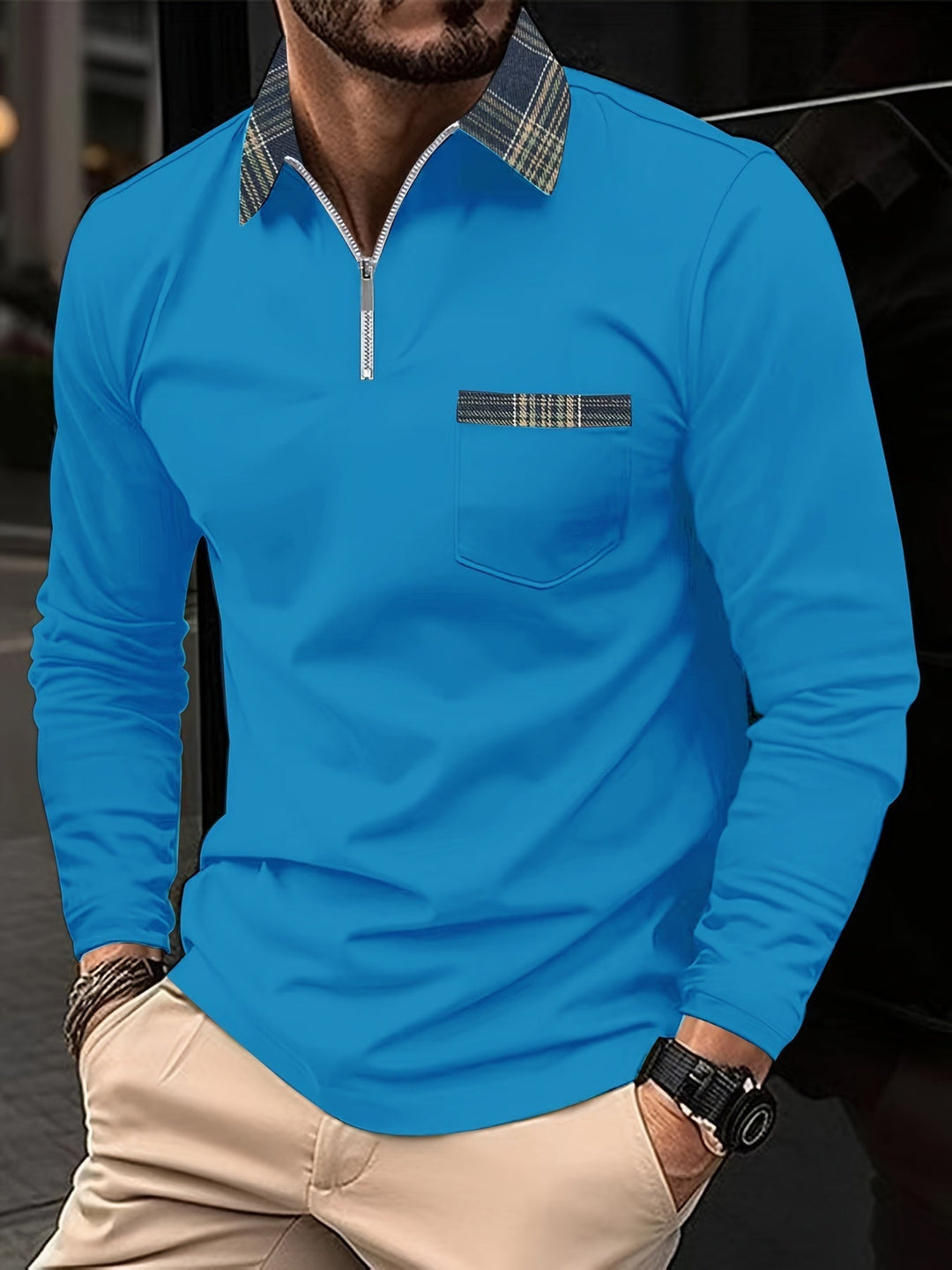Polo homme manches longues, col zippé, carreaux élégants.  Style casual chic.