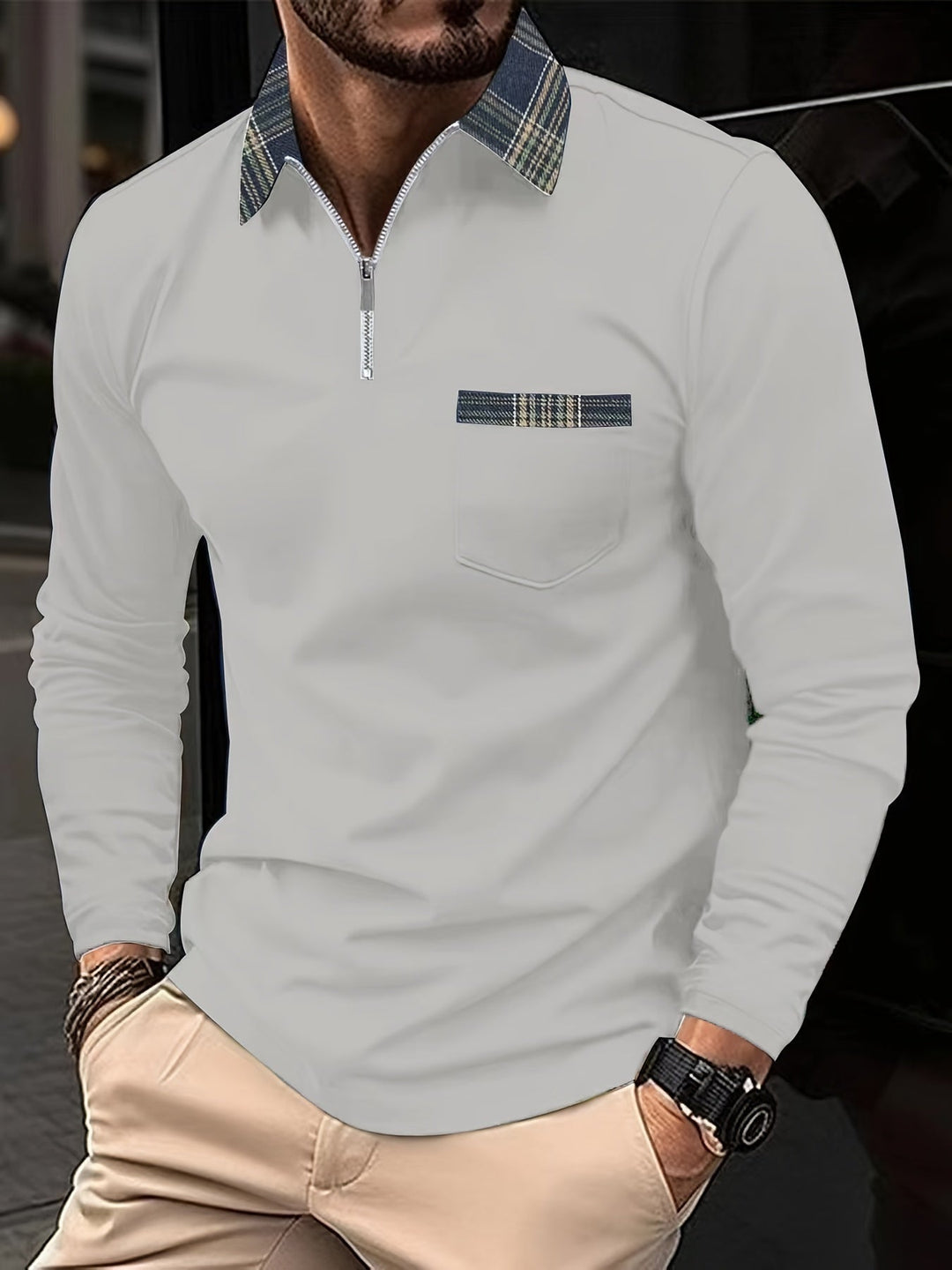 Polo homme manches longues, col zippé, carreaux élégants.  Style casual chic.