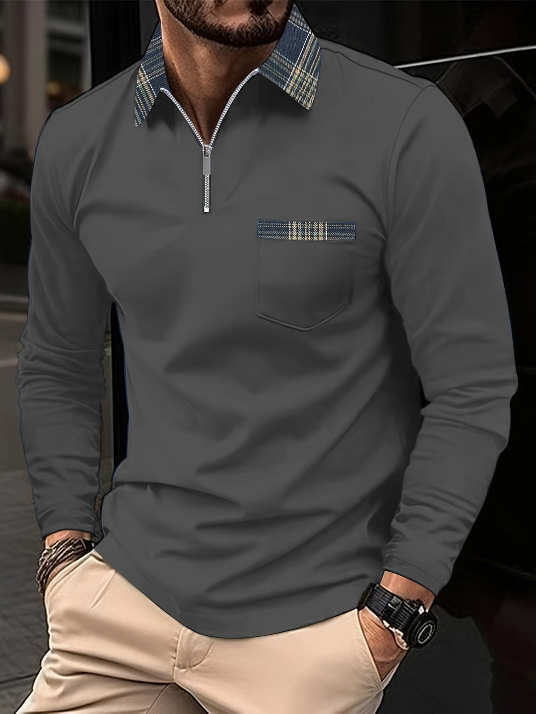 Polo homme manches longues, col zippé, carreaux élégants.  Style casual chic.