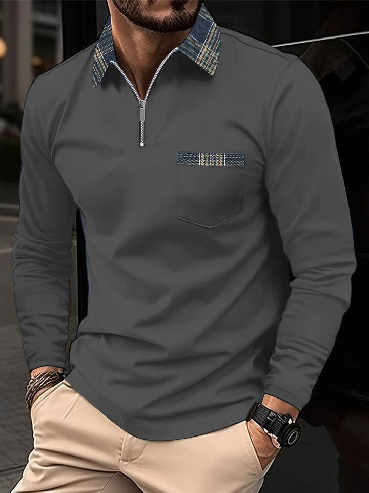 Polo homme manches longues, col zippé, carreaux élégants.  Style casual chic.