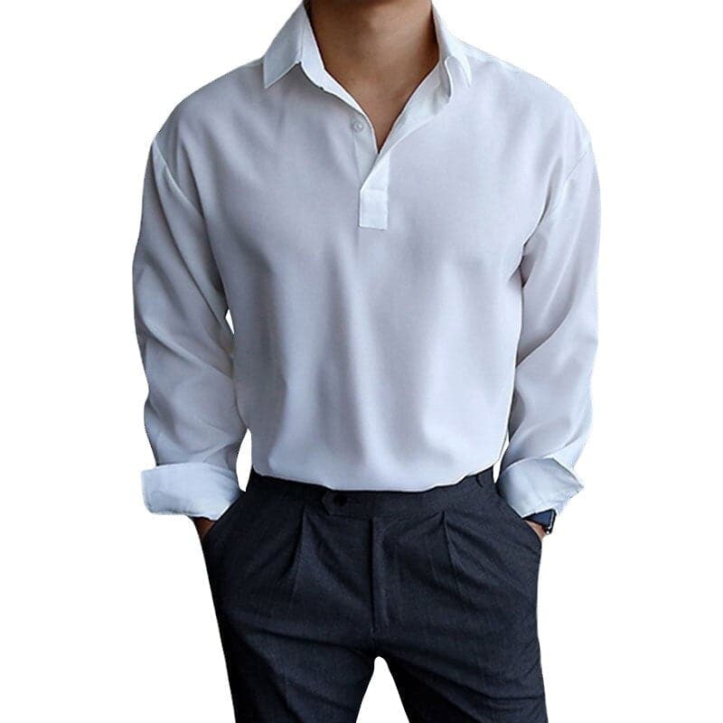 "Polo homme manches longues, coupe ajustée, col élégant, boutons poignets, disponible en bleu, gris, kaki, rose."