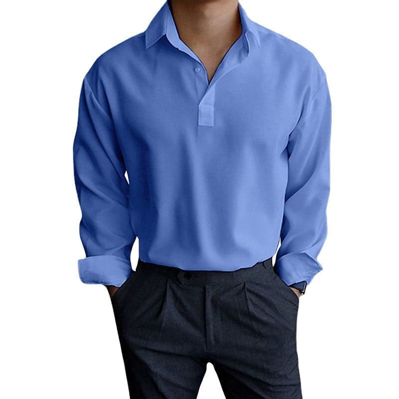 "Polo homme manches longues, coupe ajustée, col élégant, boutons poignets, disponible en bleu, gris, kaki, rose."