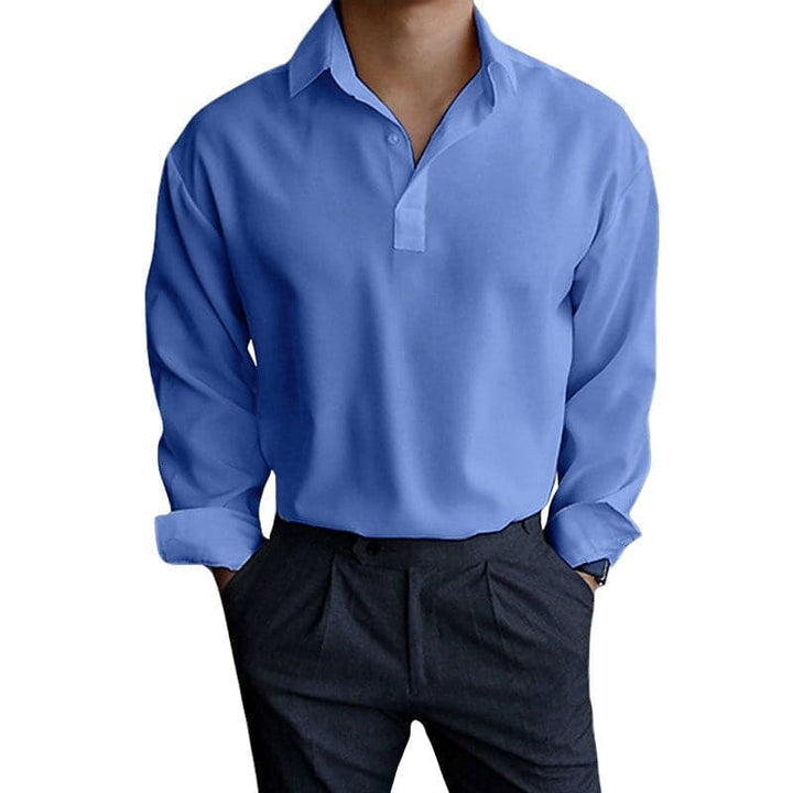 "Polo homme manches longues, coupe ajustée, col élégant, boutons poignets, disponible en bleu, gris, kaki, rose."