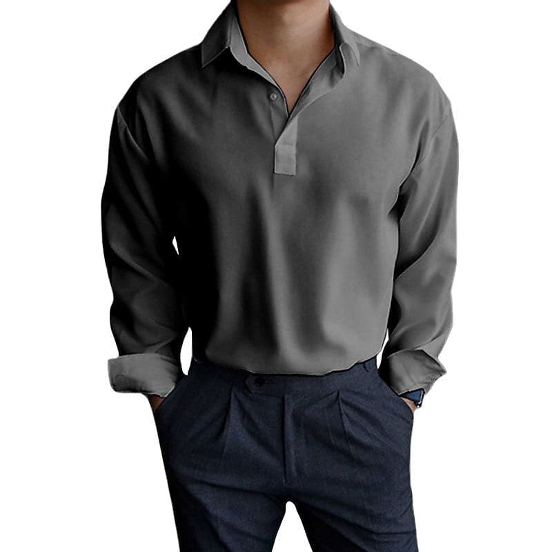 "Polo homme manches longues, coupe ajustée, col élégant, boutons poignets, disponible en bleu, gris, kaki, rose."