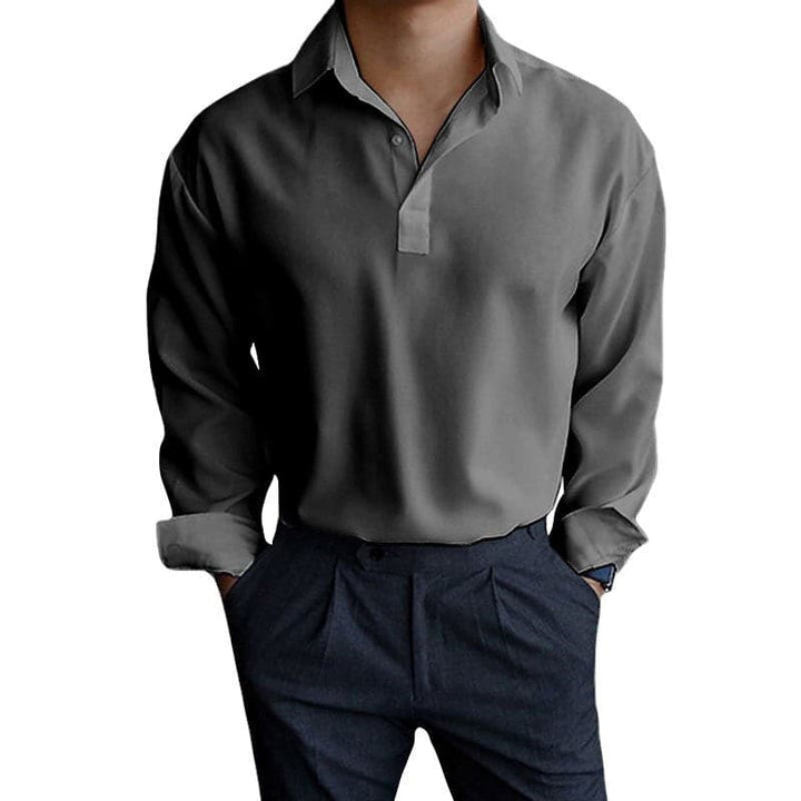 "Polo homme manches longues, coupe ajustée, col élégant, boutons poignets, disponible en bleu, gris, kaki, rose."