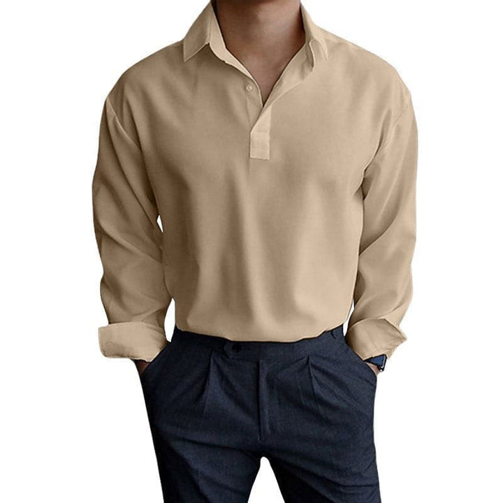 "Polo homme manches longues, coupe ajustée, col élégant, boutons poignets, disponible en bleu, gris, kaki, rose."