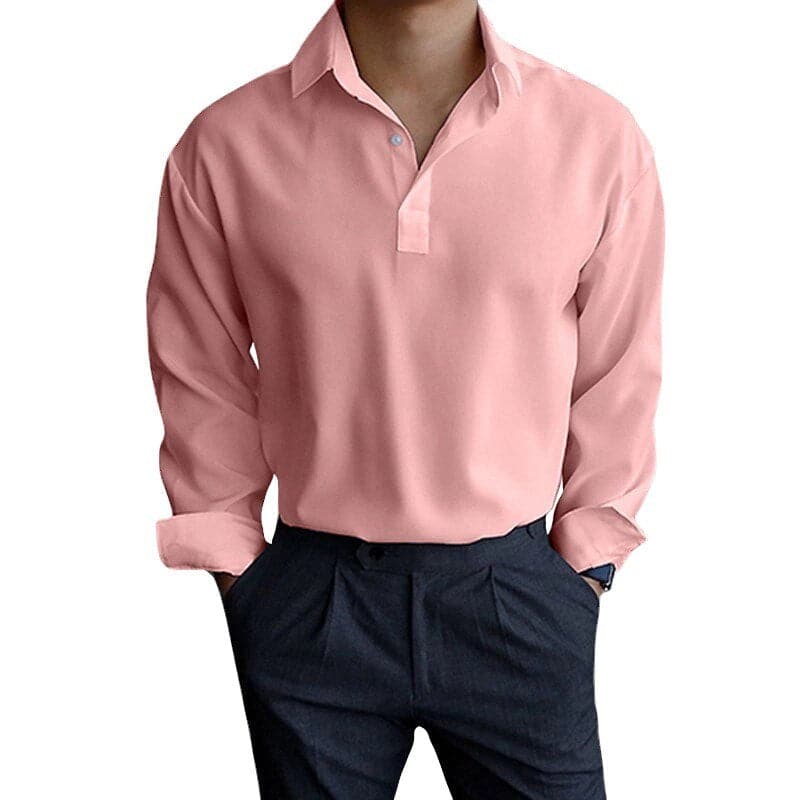 "Polo homme manches longues, coupe ajustée, col élégant, boutons poignets, disponible en bleu, gris, kaki, rose."