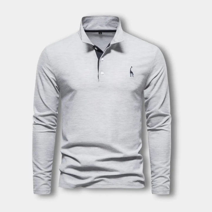 Polo homme manches longues élégant, col ouvert, style décontracté chic pour mode masculine moderne.