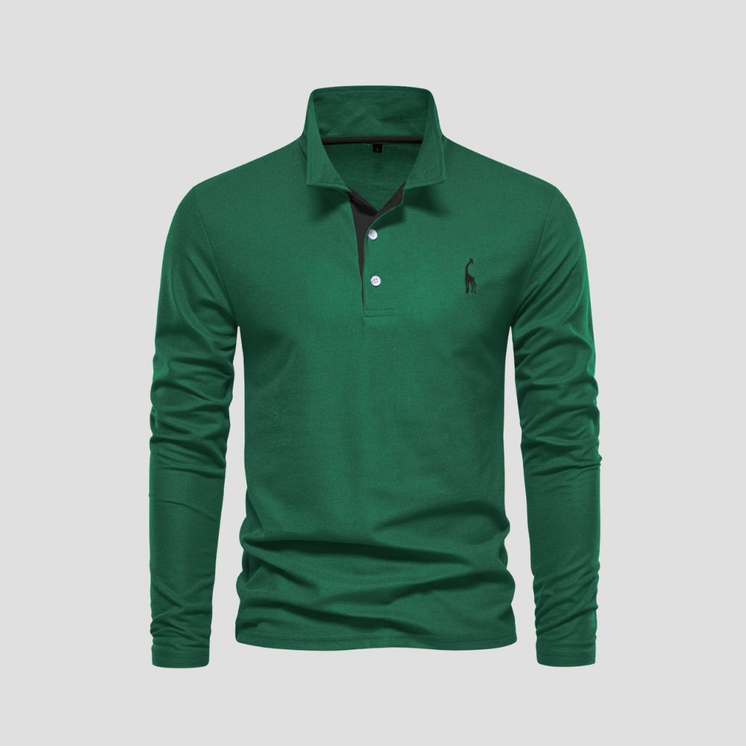 "Polo homme manches longues noir en coton, avec col raffiné et coupe fluide, alliant élégance et confort."