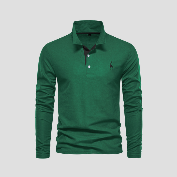 "Polo homme manches longues noir en coton, avec col raffiné et coupe fluide, alliant élégance et confort."