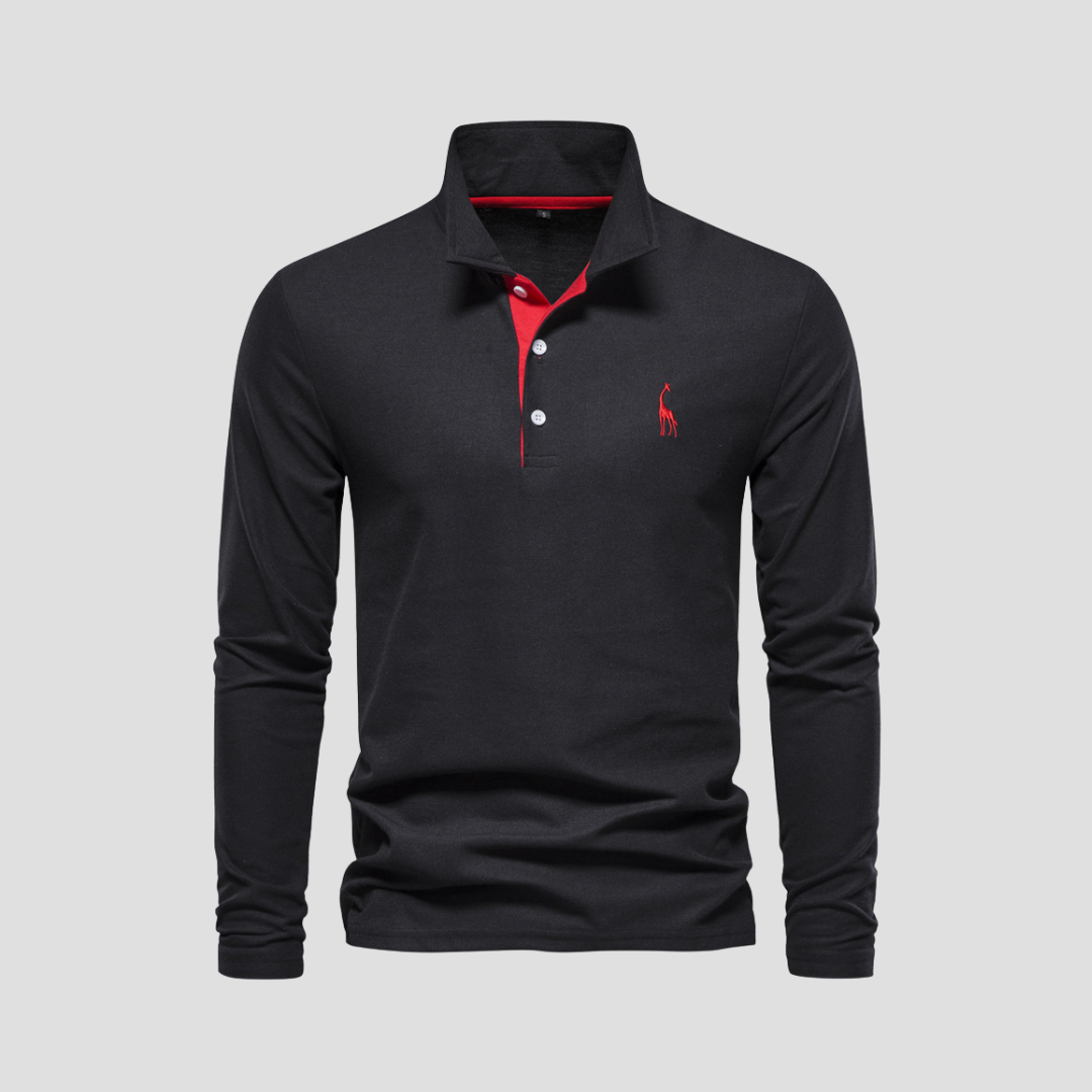 "Polo homme manches longues noir en coton, avec col raffiné et coupe fluide, alliant élégance et confort."