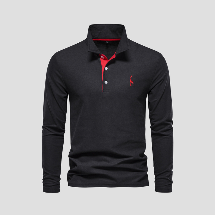 "Polo homme manches longues noir en coton, avec col raffiné et coupe fluide, alliant élégance et confort."