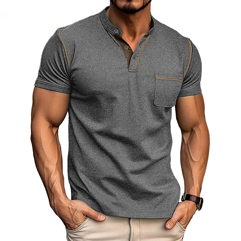 "Polo homme moderne avec col Henley, design colorblock élégant, idéal style et confort quotidien."